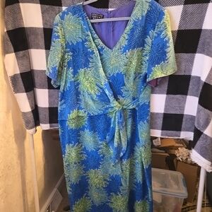 Spense Blue Floral Wrap Midi Dress with Green Accents